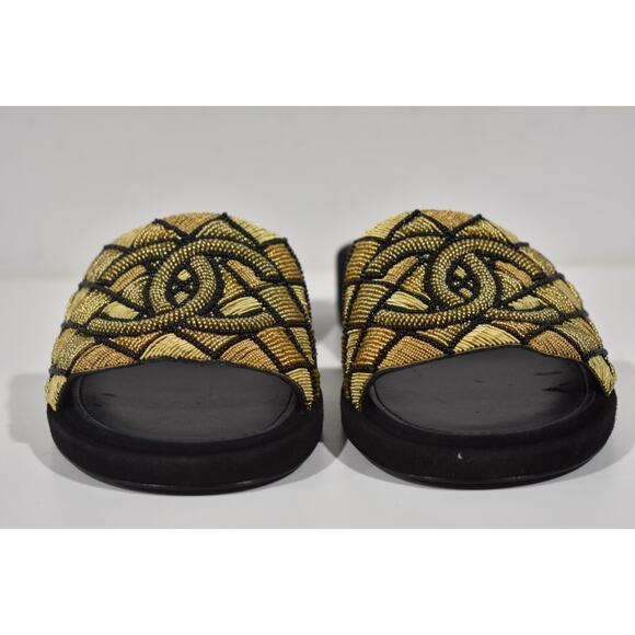 Chanel 21A Gold Black Pearl Embroidery Beaded CC Logo Slide Sandal Mule Flat 36 - Picture 5 of 12